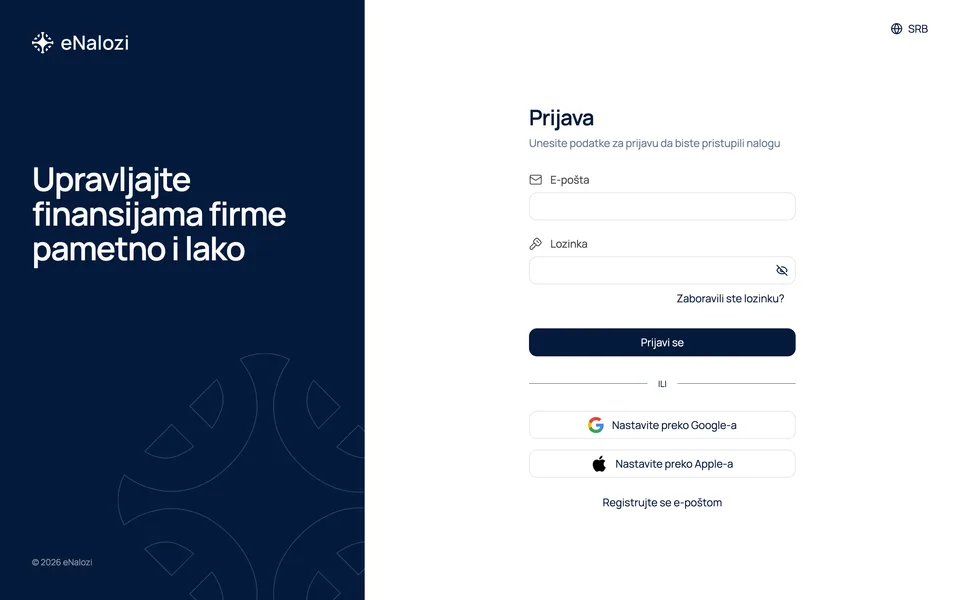Ekran za prijavu sa linkom Registrujte se e-poštom ispod dugmadi za Google i Apple