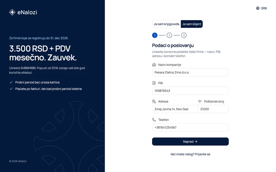 Prvi korak registracije sa izabranom ulogom Ja sam klijent