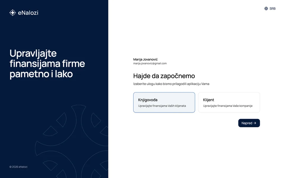Ekran Hajde da započnemo posle prijave preko Google naloga, sa izborom uloge Knjigovođa ili Klijent