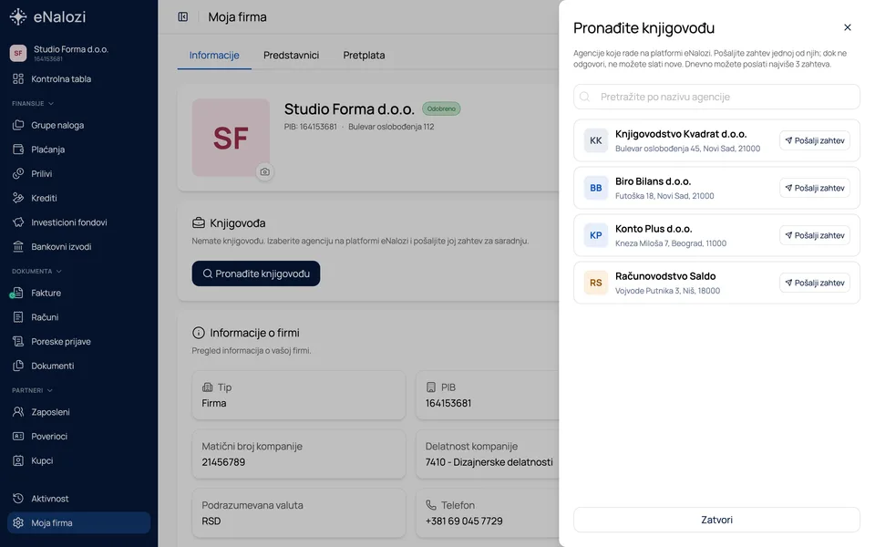 Panel Pronađite knjigovođu sa listom agencija i dugmetom za slanje zahteva pored svake