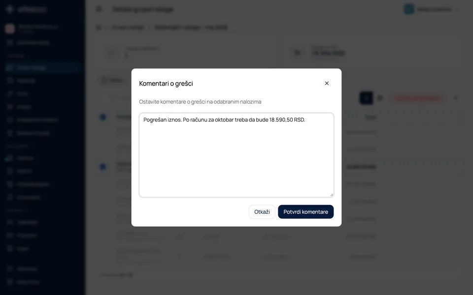 Prozor Komentari o grešci sa unetim komentarom o pogrešnom iznosu