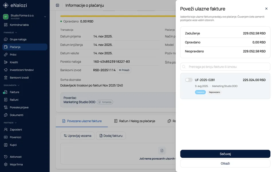 Panel za povezivanje ulaznih faktura sa predloženom fakturom