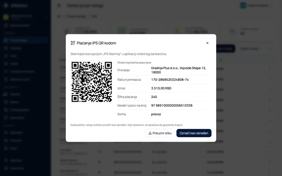 Prozor za plaćanje IPS QR kodom sa podacima za banku