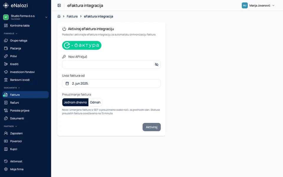 Forma za aktiviranje eFaktura integracije sa poljem za API ključ