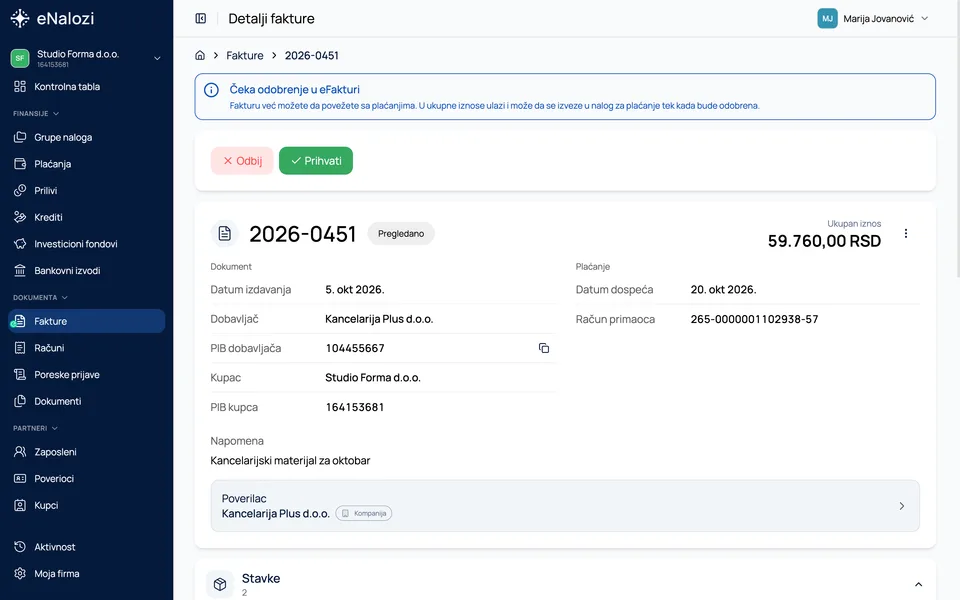 Detalji ulazne fakture 2026-0451 sa obaveštenjem Čeka odobrenje u eFakturi i dugmadima Odbij i Prihvati
