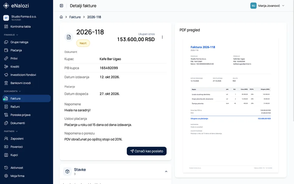 Detalji fakture 2026-118 u statusu Nacrt, sa PDF pregledom desno i dugmetom Označi kao poslato
