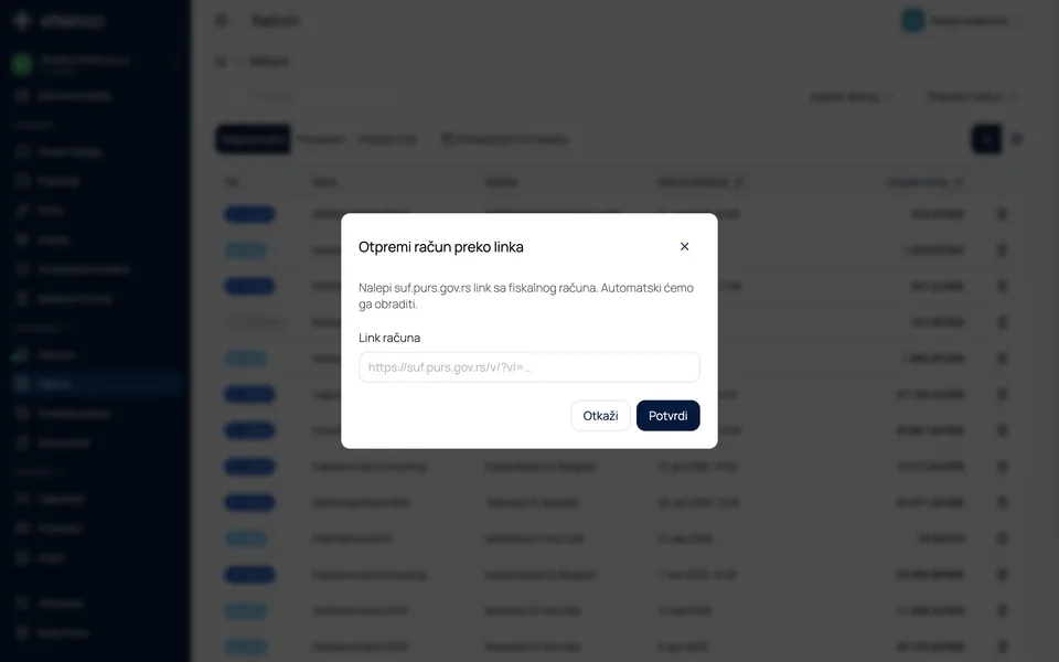 Prozor za otpremu računa preko linka sa poljem za suf.purs.gov.rs adresu fiskalnog računa