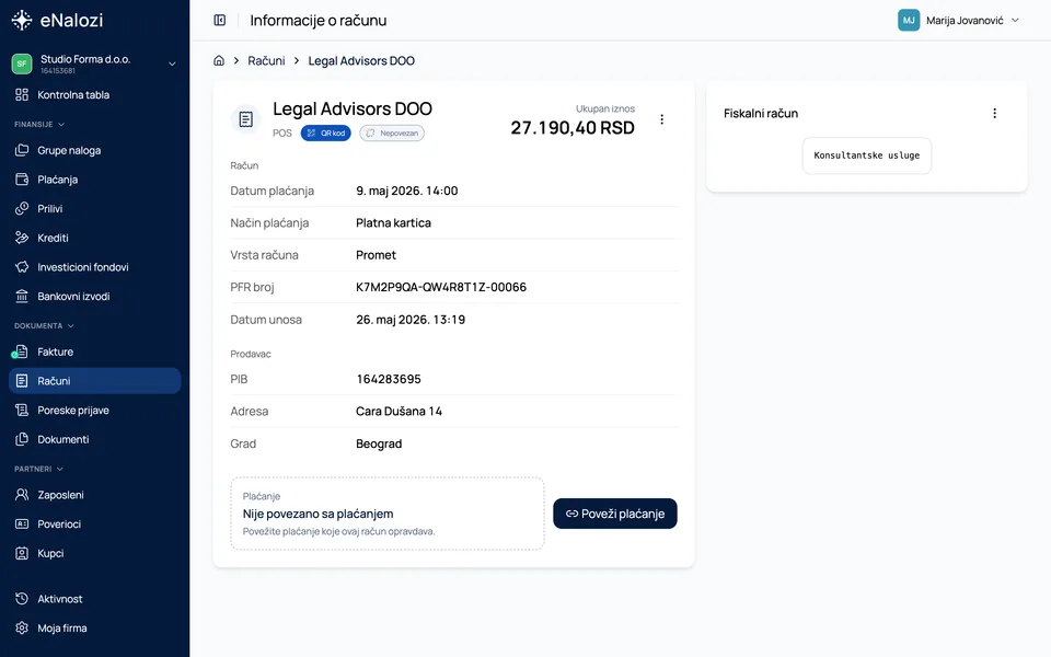 Detalji fiskalnog računa sa podacima o prodavcu i odeljkom za povezivanje sa plaćanjem
