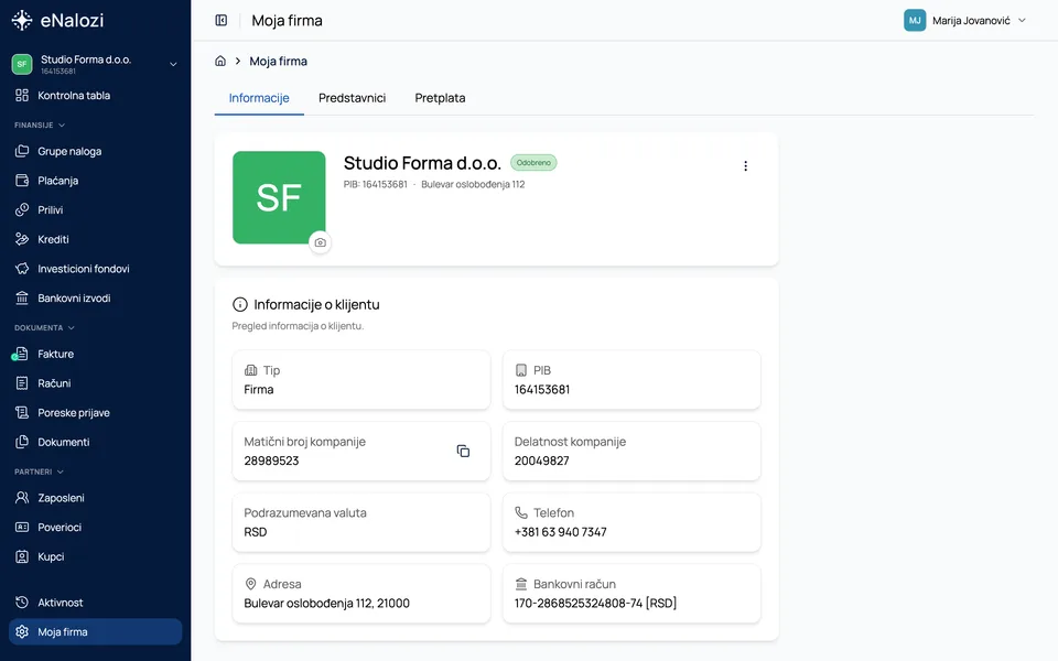 Stranica Moja firma na kartici Informacije sa podacima firme Studio Forma d.o.o.