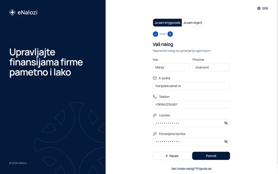 Registracija agencije, korak Vaš nalog, sa imenom, e-poštom, telefonom i lozinkom