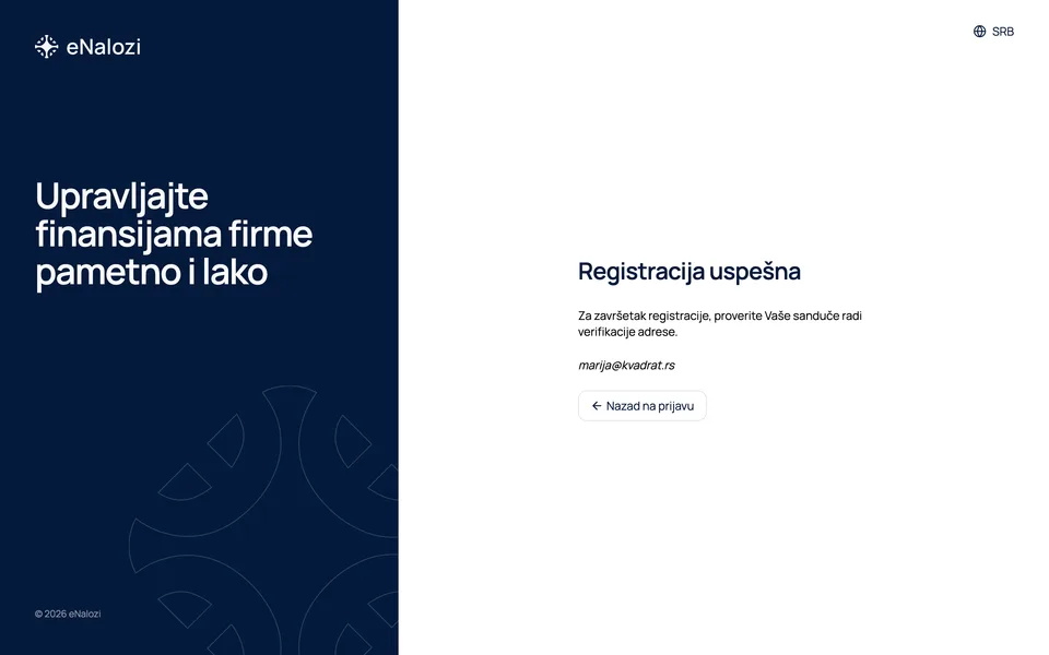 Ekran Registracija uspešna sa porukom da proverite sanduče na adresi marija@kvadrat.rs