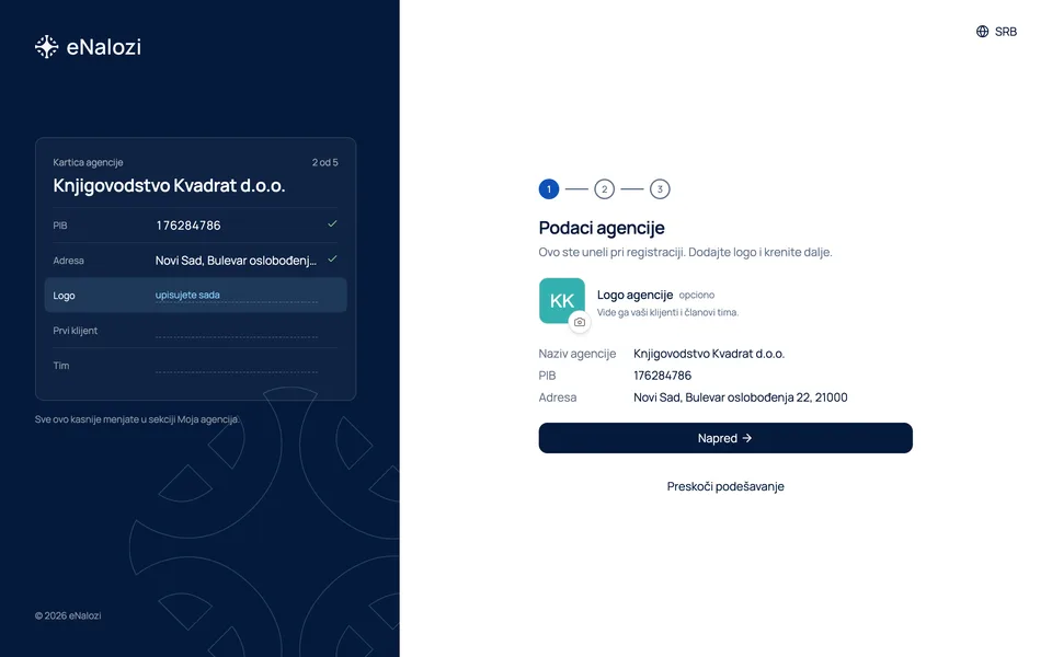 Vodič Početak rada za agenciju, korak Podaci agencije sa poljem za logo i Karticom agencije levo