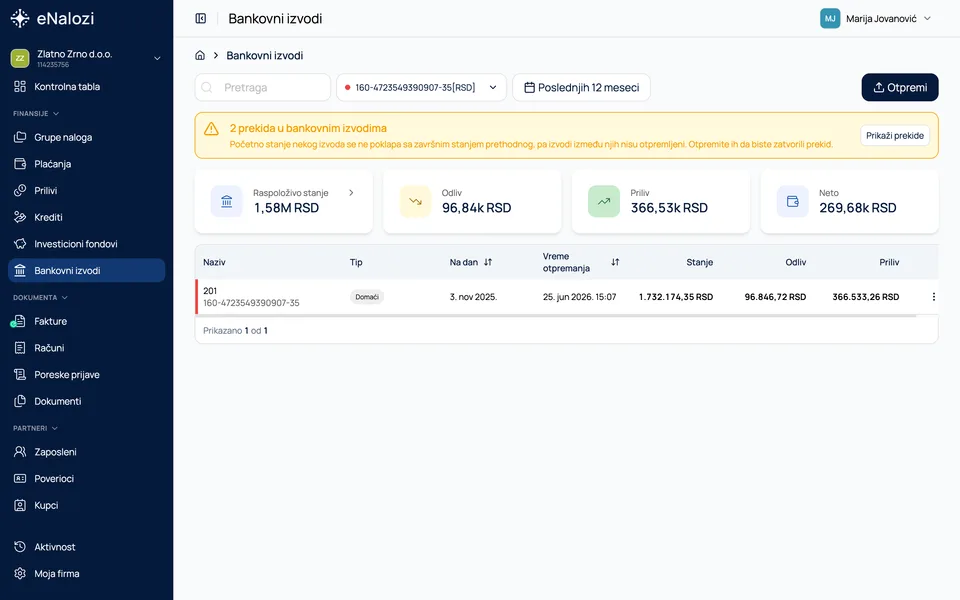 Upozorenje o prekidima u bankovnim izvodima na vrhu stranice