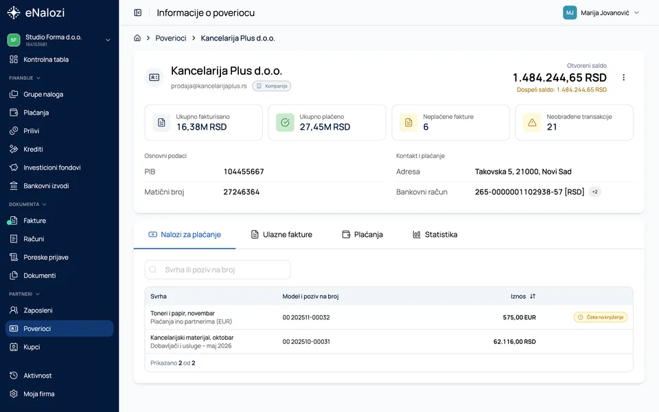 Stranica Informacije o poveriocu za Kancelarija Plus d.o.o. sa saldom, osnovnim podacima i karticama ispod
