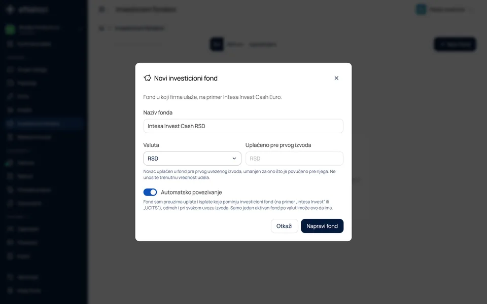 Prozor Novi investicioni fond sa nazivom Intesa Invest Cash RSD, valutom i uključenim Automatskim povezivanjem